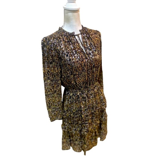 Ba&sh glen mini dress tiered skirt silk blend metallic long sleeve leaf print xs - Picture 8 of 15